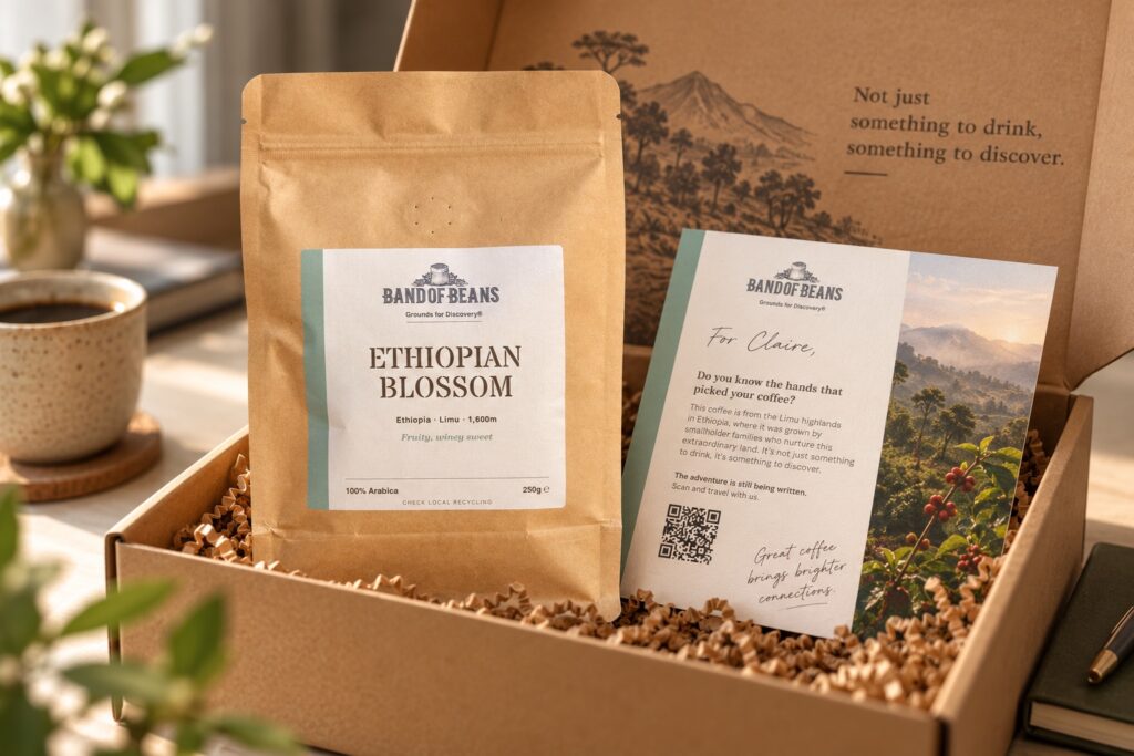A kraft Band of Beans gift box holding a pouch of coffee and a story card